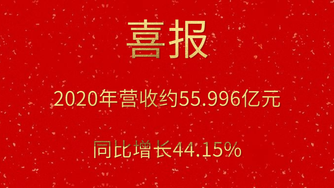 喜报！2020年营收约55.996亿元，，，，，同比增添44.15%